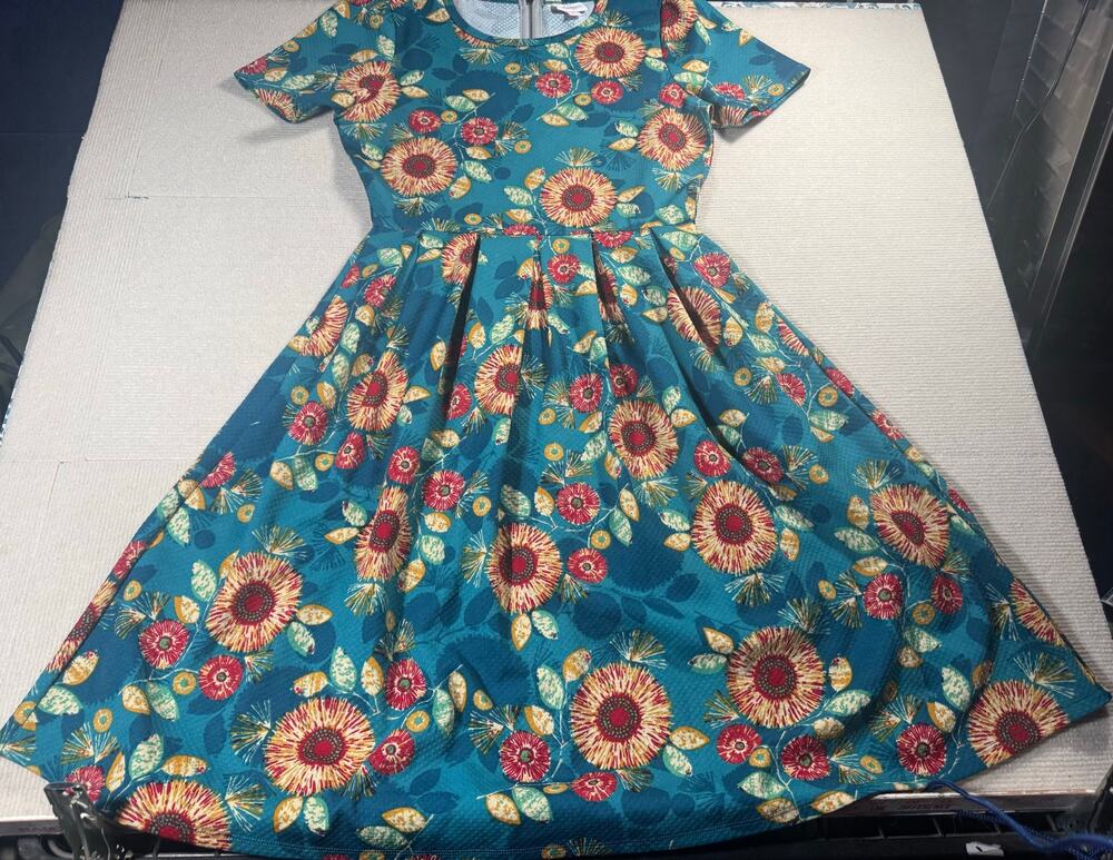 Sunflower Fit Flare Skater Dress S Pockets Teal Twee Short Sleeve Modest Teacher